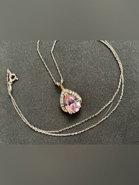 Pink Ice Two Carat Necklace .925 Tear Drop W 18 Inch Chain 925 Italy Casing 925